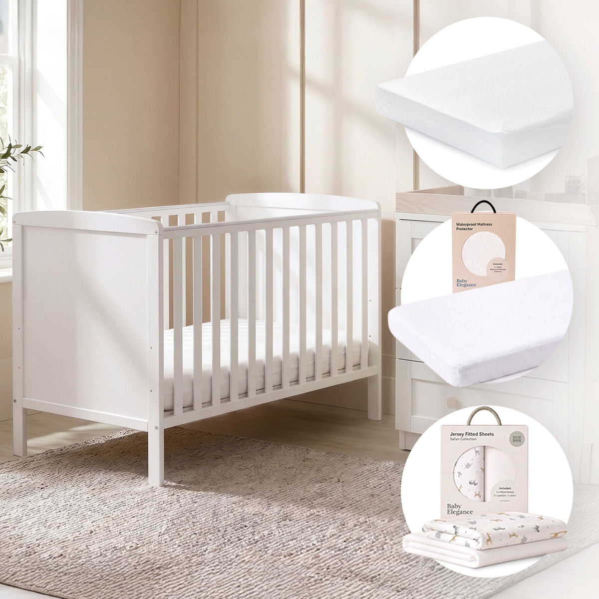 Elle Cot, Mattress, Sheets & Mattress Protector Bundle