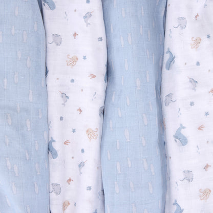 Muslin Swaddles - Under the Sea - 80 x 80cm - 4 Pack